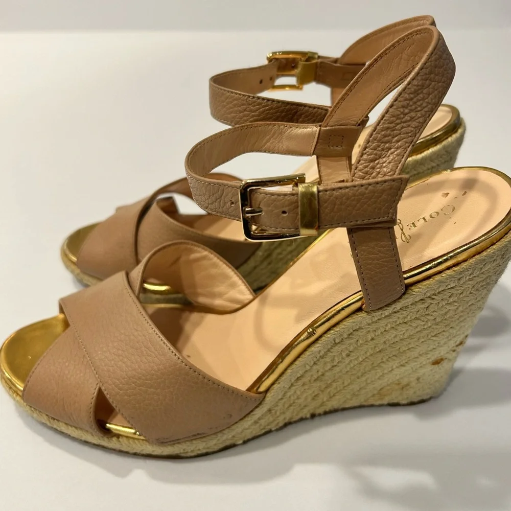 Cole Haan Women's Tan Leather Wedge Sandals‎ Size 8 Preowned